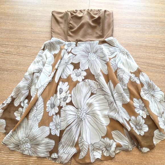 Spiegel Dresses & Skirts - Vintage Spiegel Silk Tan/ Cream Floral Strapless Women's Dress Flounce Midi 4